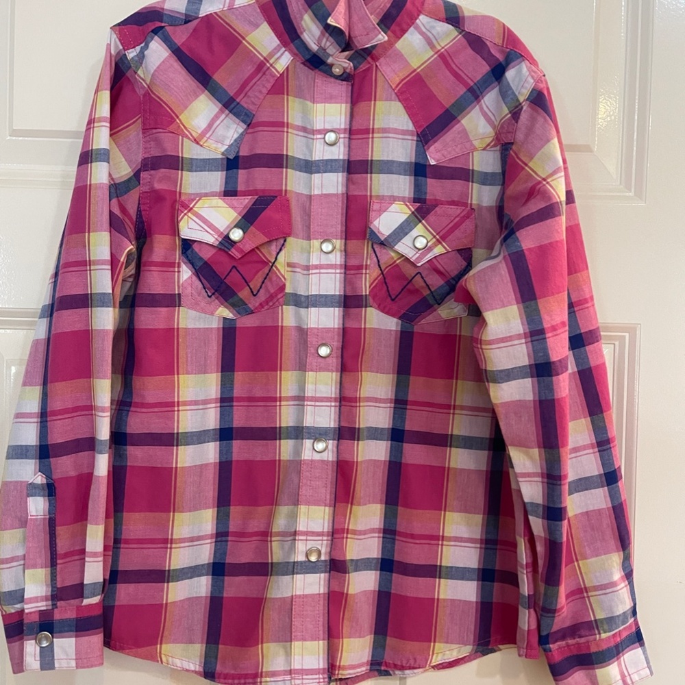Wrangler Girls Western Rodeo Equestrian Plaid Button Up Shirt Large Pink Blue